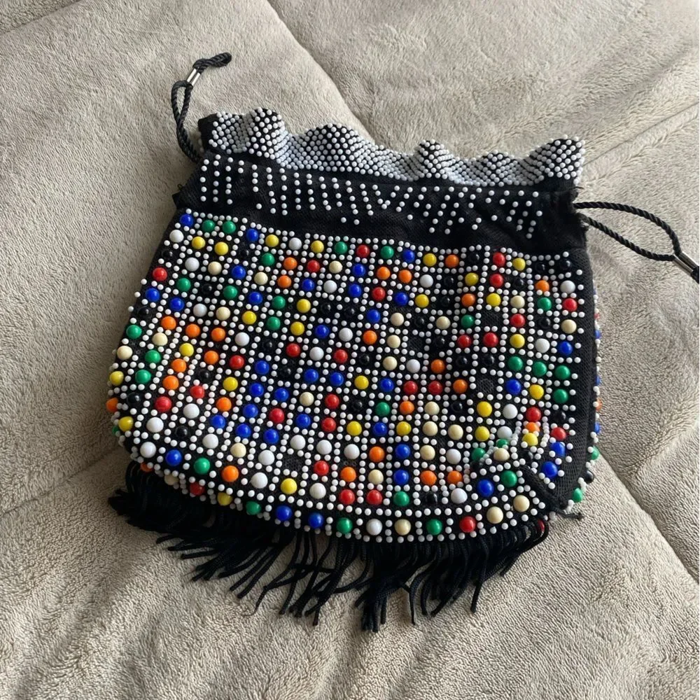 Vintage Colorful Beaded Black Drawstring Bag - 1970s Bingo Bag